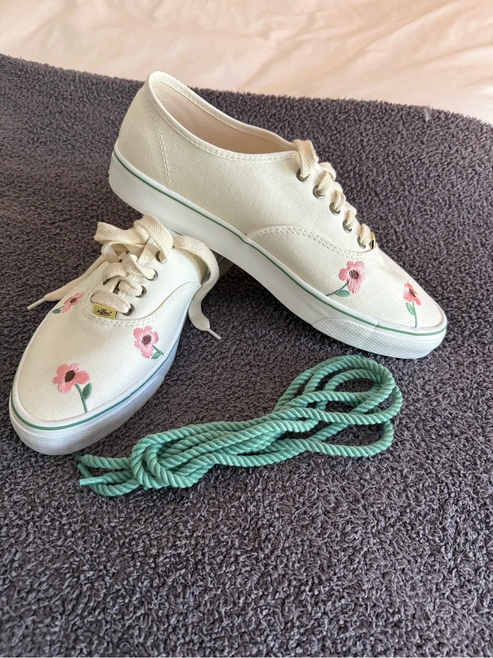 Converse Cream Canvas Boat Shoes with Pink Floral Embroidery